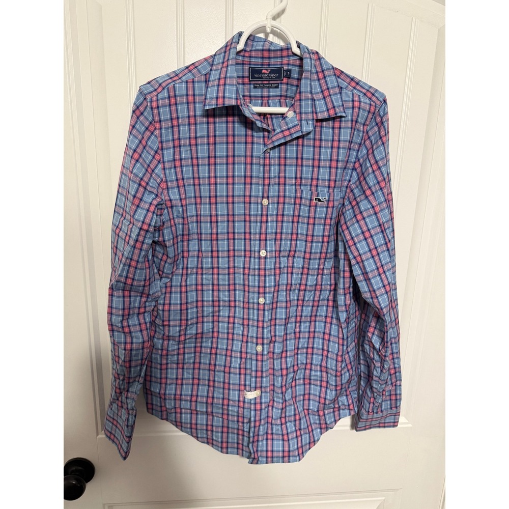 Vineyard Vines Shirt Mens S Slim Fit Tucker Plaid Blue Pink Button Down EUC